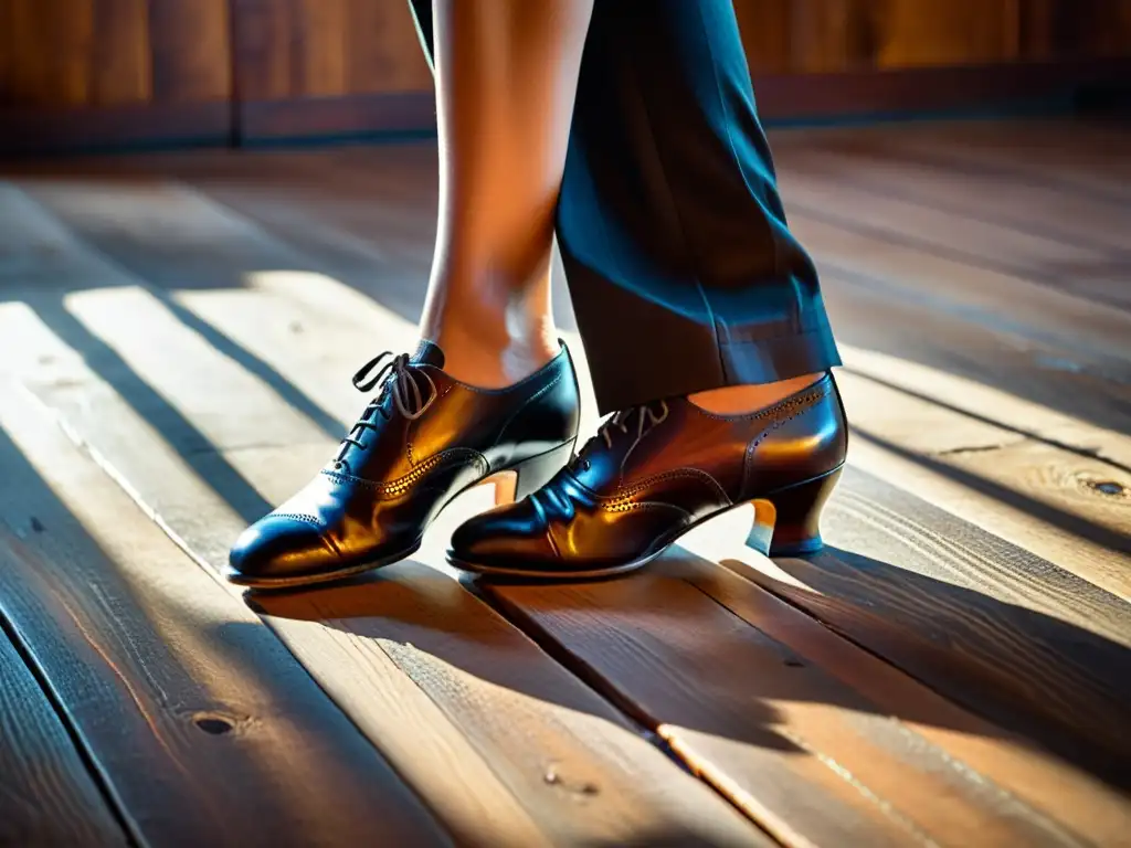 Detalles de los pies del bailarín de tango sobre el piso de madera, destacando el significado cultural de la milonga en la danza