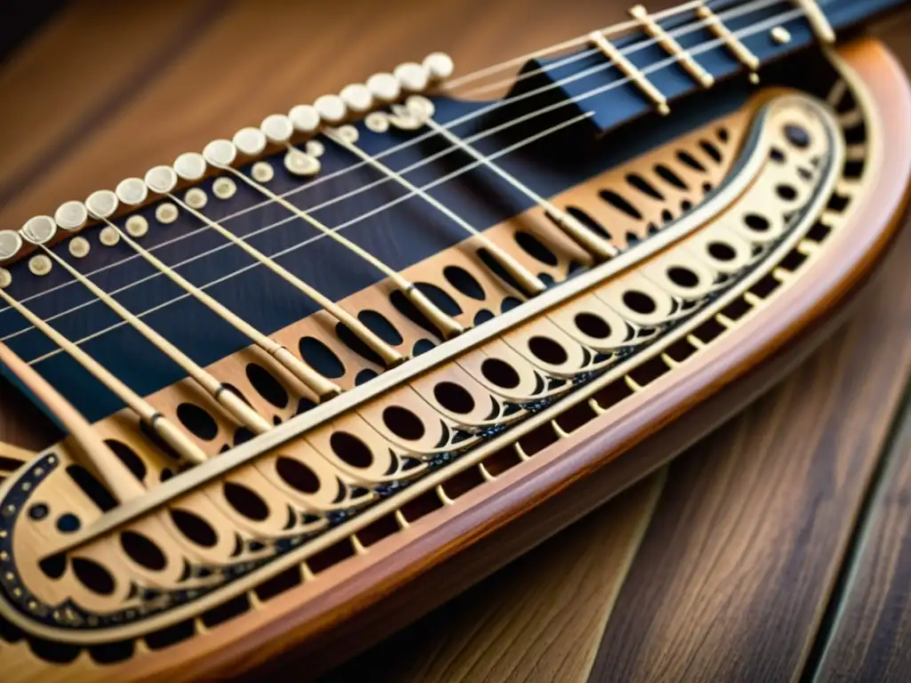 Detalles tallados en la madera de la nyckelharpa sueca, con cuerdas tensas listas para tocar