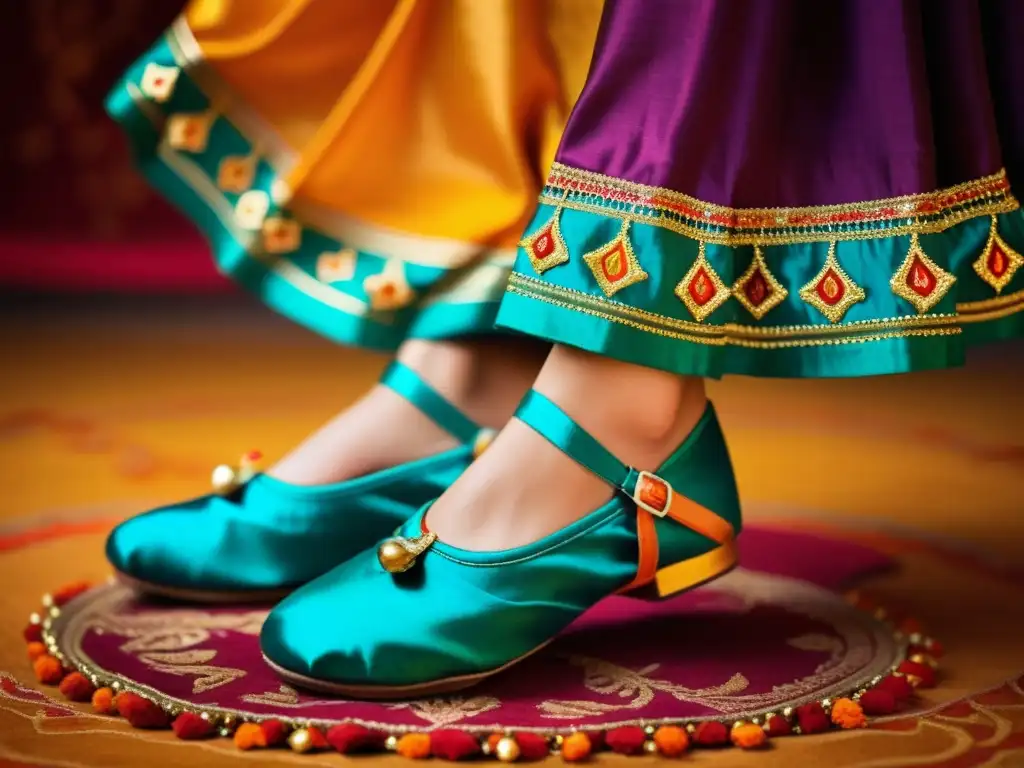 Detalles vibrantes de calzado tradicional en culturas, como los zapatos de baile Kathak de la India, con bordados intrincados y campanillas, sobre un suelo de danza tradicional indio