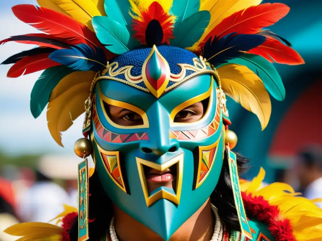 Detalles vibrantes y misteriosos de una máscara de danza Diablos en el festival Corpus Christi en Panamá, reflejando su significado religioso