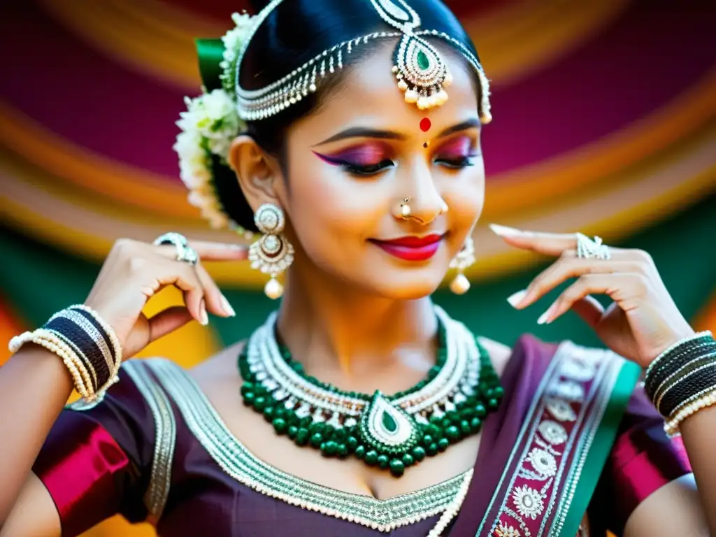 Detalles vibrantes del vestuario tradicional de la Danza Odissi capturan la elegancia y belleza de esta expresión artística milenaria