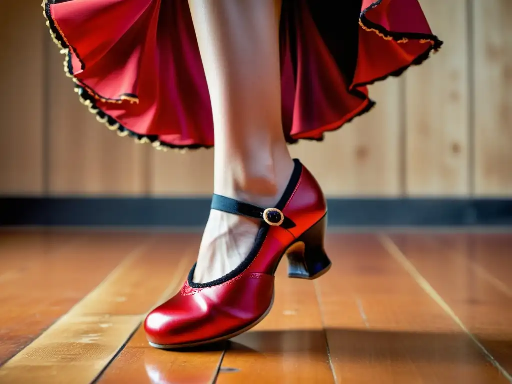 Detalles de zapateado flamenco: pasión y técnica en los pies del bailaor, destacando la autenticidad y energía del baile