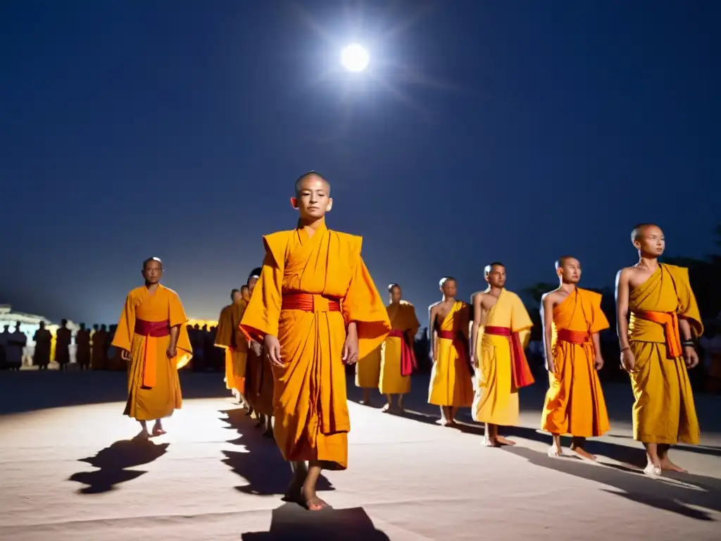 Devotos y monjes budistas danzan bajo la luna llena en la festividad de Magha Puja, capturando el significado cultural y la danza de la luna llena