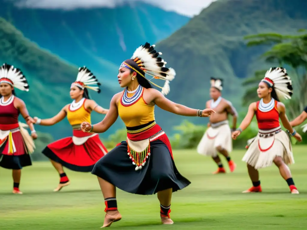 Una representación digital de danzas indígenas, con trajes coloridos, movimiento dinámico y un escenario natural, que evoca orgullo y tradición