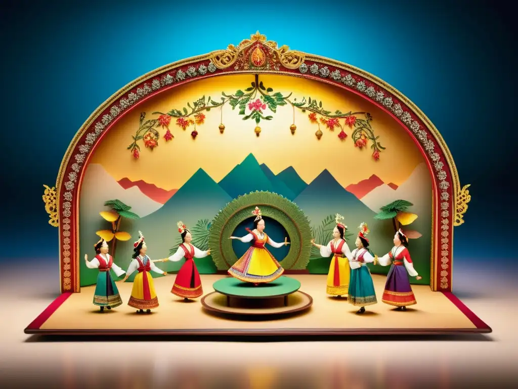 Un diorama detallado de una danza tradicional, con figuritas en coloridos trajes y escenario