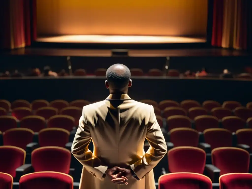 El director de una compañía de danza tradicional observa con orgullo y concentración a sus bailarines en el escenario, mientras la luz dorada llena el teatro