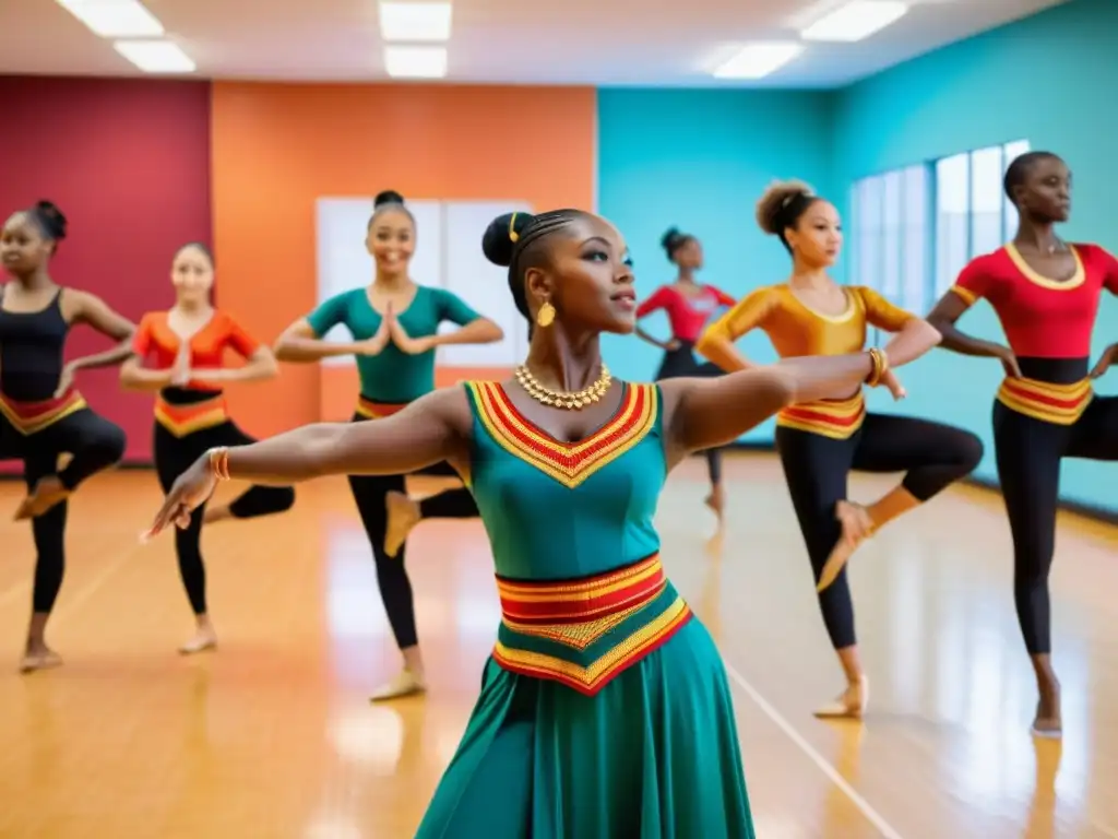 Un director de danza tradicional lidera con pasión a bailarines en estudio vibrante