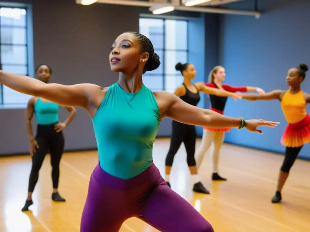 Un director de compañía de danza tradicional, rodeado de bailarines en vibrantes trajes, dirige con pasión y determinación en un estudio lleno de energía y movimiento