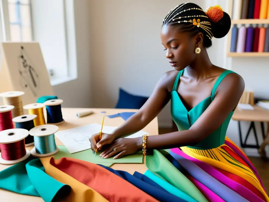 Un diseñador de moda contemporánea confecciona un traje inspirado en movimientos de danza en un estudio soleado