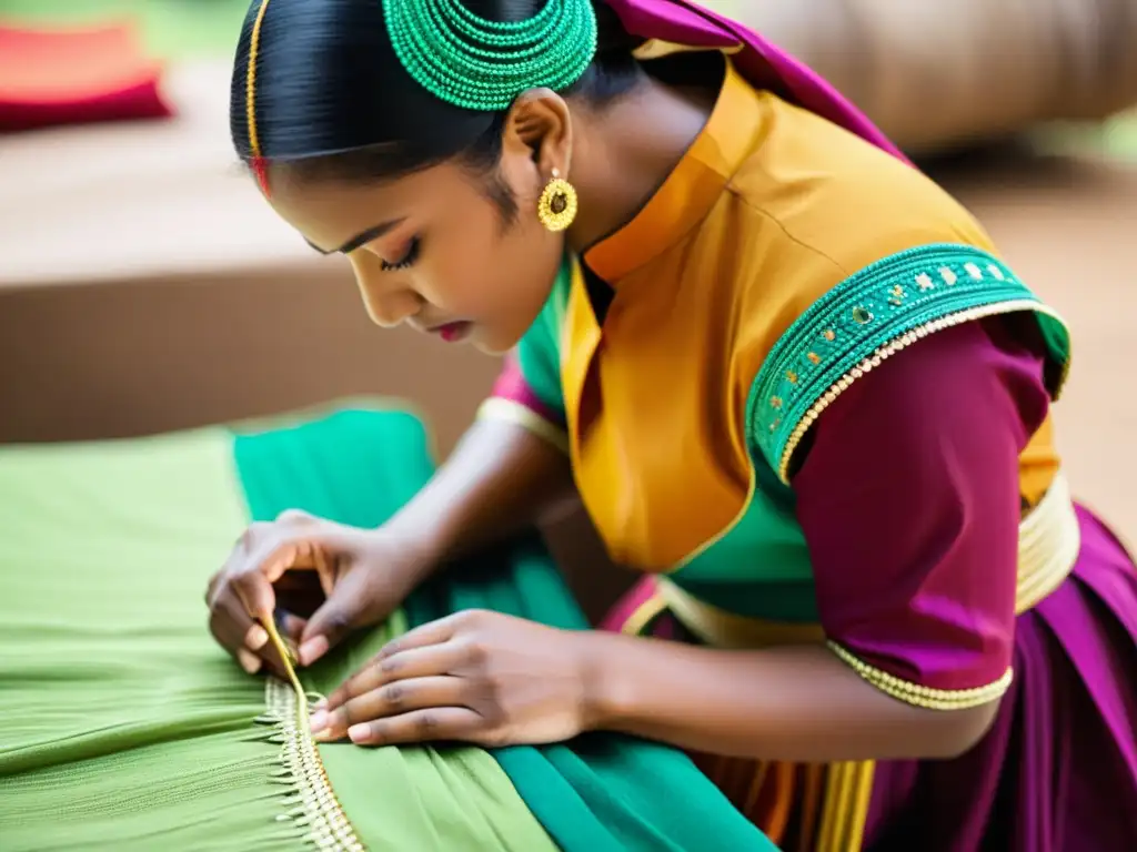 Diseñador de trajes de danza tradicionales cosiendo con cuidado tela vibrante