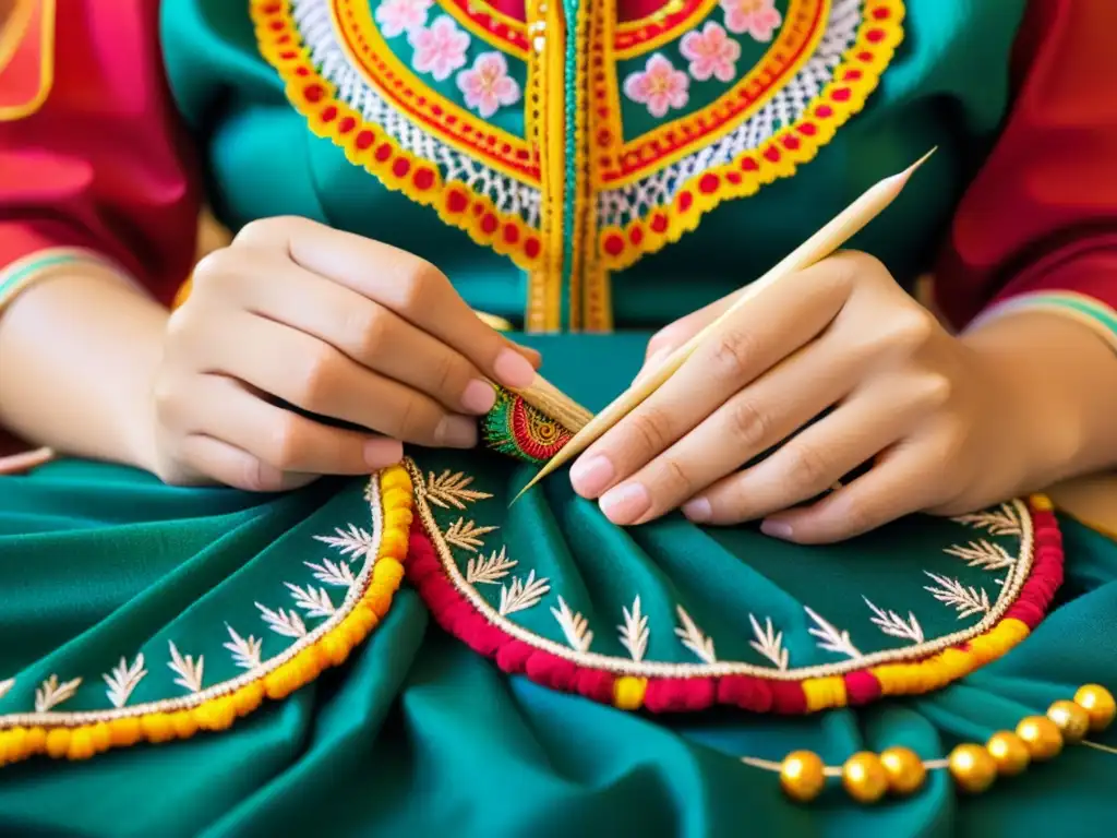 Bordado artesanal en traje de danza Diseñador de vestuario para danzas tradicionales bordando un traje con patrones detallados y colores vibrantes, en un taller bullicioso