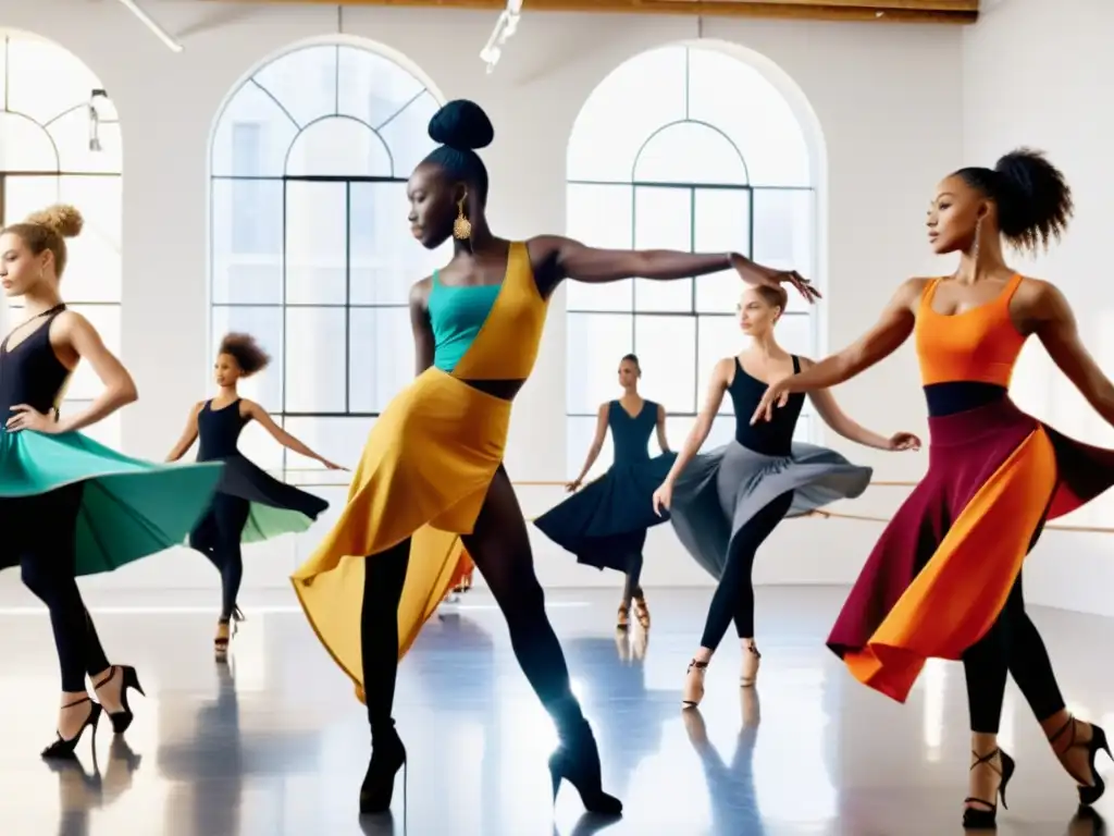 Diseñadores y bailarines colaboran en un estudio soleado, creando moda inspirada en la danza