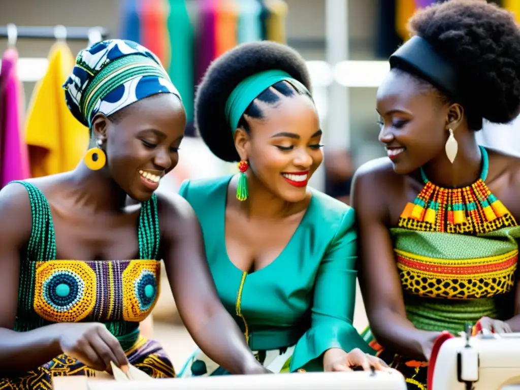 Mercado de moda africana: colores, creatividad y comunidad Diseñadores de moda africanos cosen vestimenta con influencia alta costura en colorido mercado, reflejando creatividad y comunidad africana