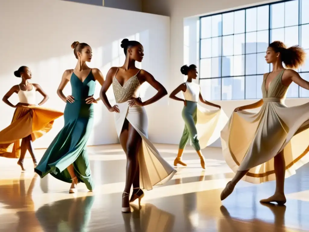 Diseñadores reinterpretando trajes tradicionales en un estudio soleado con bailarines en movimiento