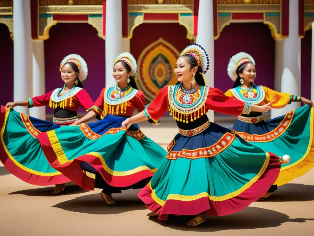 Baile tradicional: Coloridos trajes en movimiento Diseño de vestuario para danzas tradicionales: Grupo de bailarines con trajes vibrantes y detallados, danzando en un escenario cultural