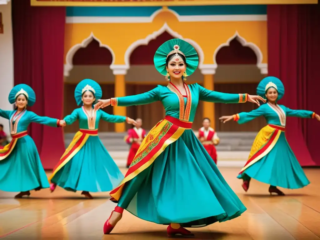 Baile folclórico vibrante en escenario cultural Diseño de vestuario para danzas tradicionales en actuación vibrante y culturalmente rica con movimientos dinámicos y pasión transmitida