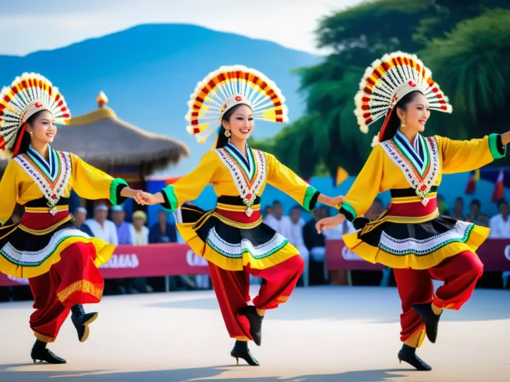 Espectáculo vibrante de danza tradicional en festival cultural Diseño de vestuario para danzas tradicionales: Grupo de bailarines en trajes vibrantes realiza una rutina sincronizada en festival cultural