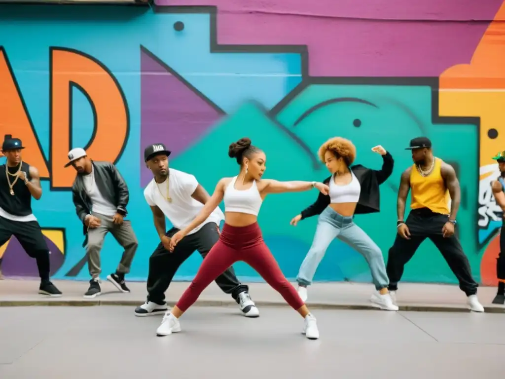 Diversidad y energía en la clase de danzas urbanas influencia internacional frente a un mural colorido