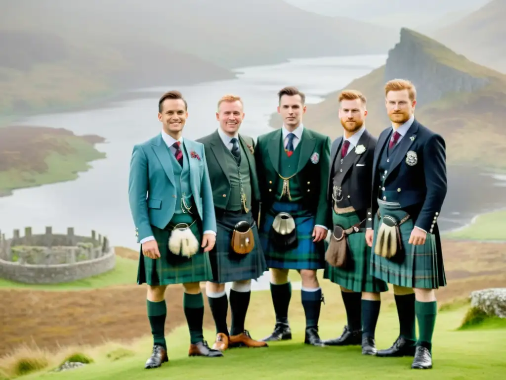 Diversidad regional de kilts en Escocia: hombres escoceses con kilts contemporáneos en un paisaje de colinas y un lago brumoso