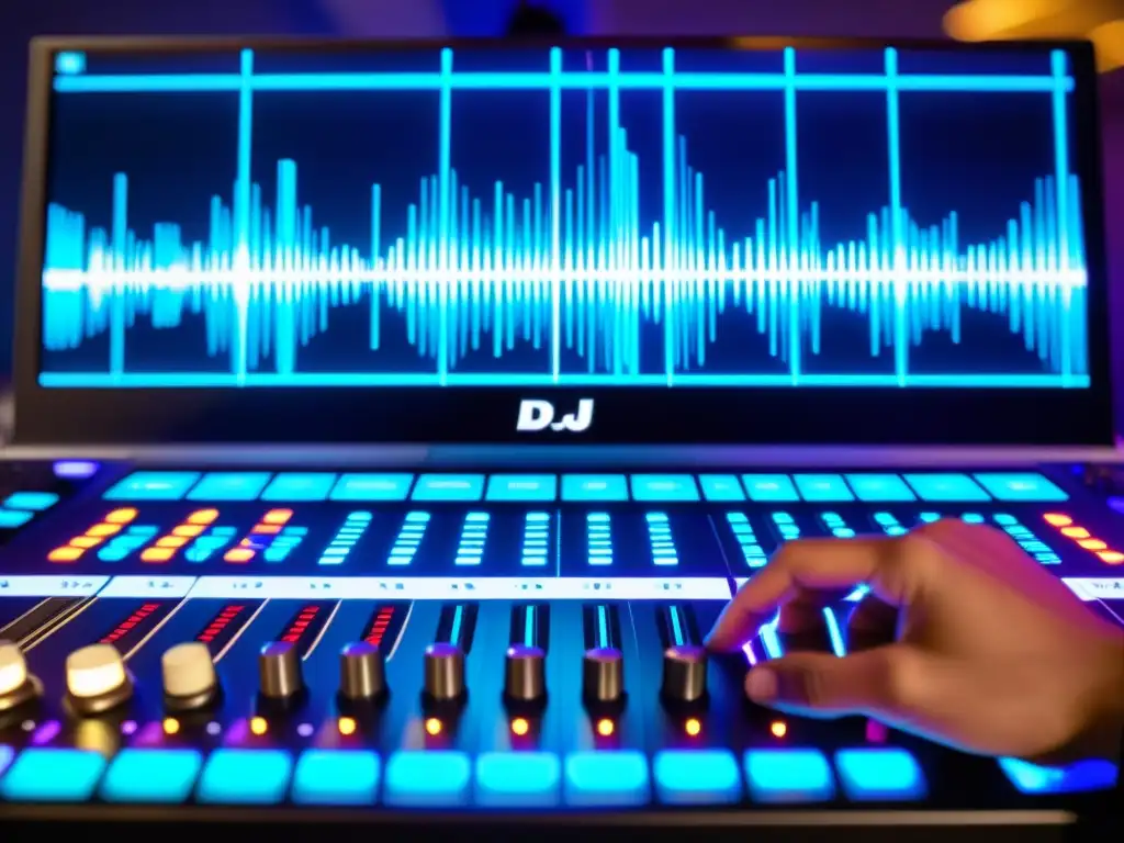 Un DJ experto manipula una consola de mezclas avanzada, con patrones de ondas sonoras en la pantalla