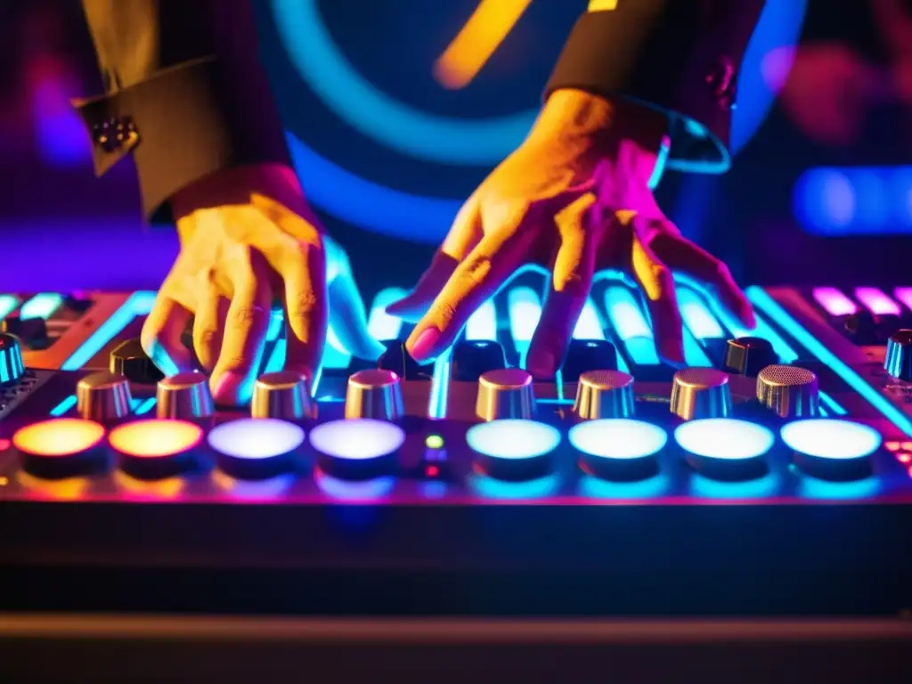 El DJ manipula con precisión la mesa de sonido en un intenso concierto, evocando emociones a través de la música