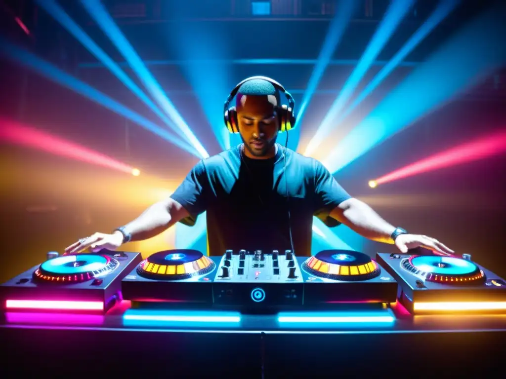 Un DJ profesional en su consola de mezclas, con luces coloridas y un público vibrante