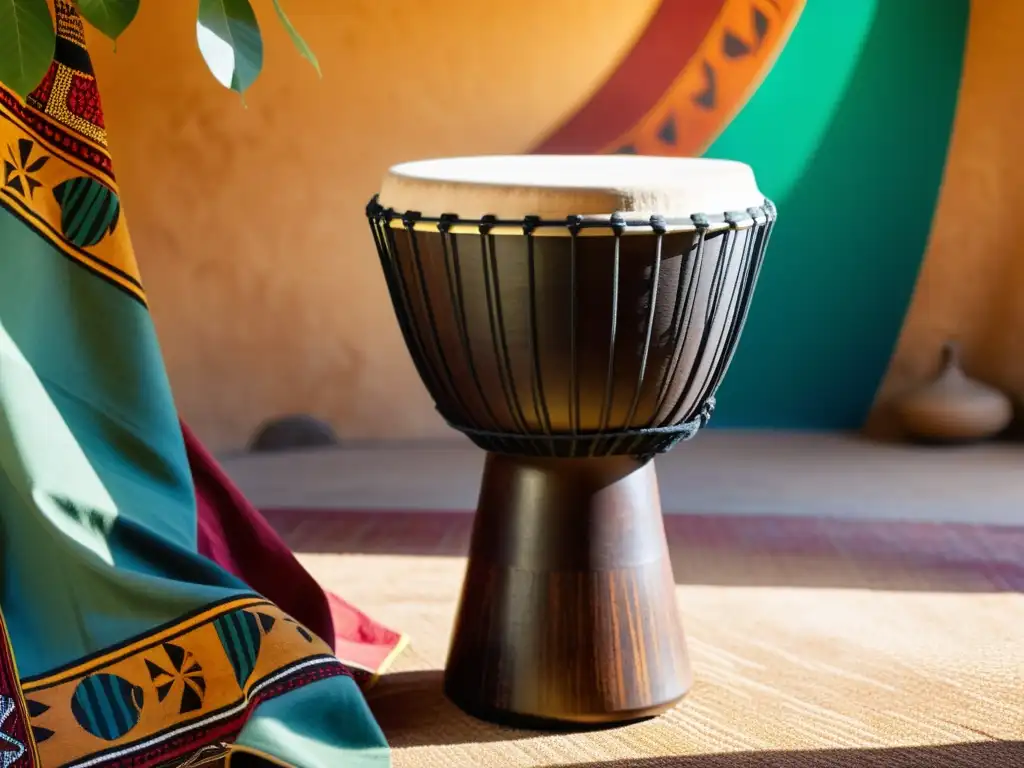 Un Djembe de madera con intrincados patrones destaca sobre una tela africana vibrante