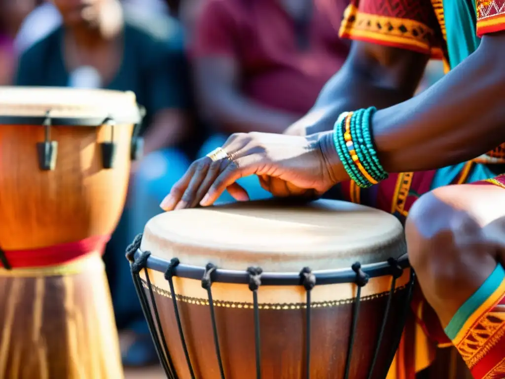 Un Djembe toma el papel central en una danza africana, evocando energía y pasión