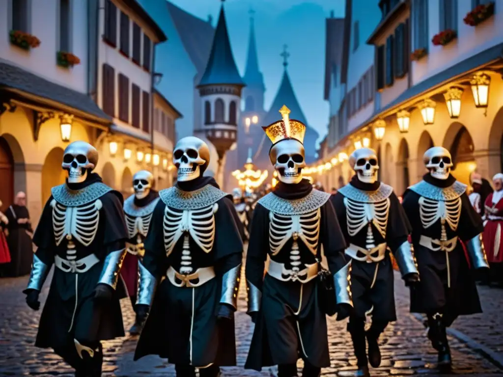 Fotografía documental de la procesión callejera de la danza de la muerte europea, llena de simbolismo y tradición