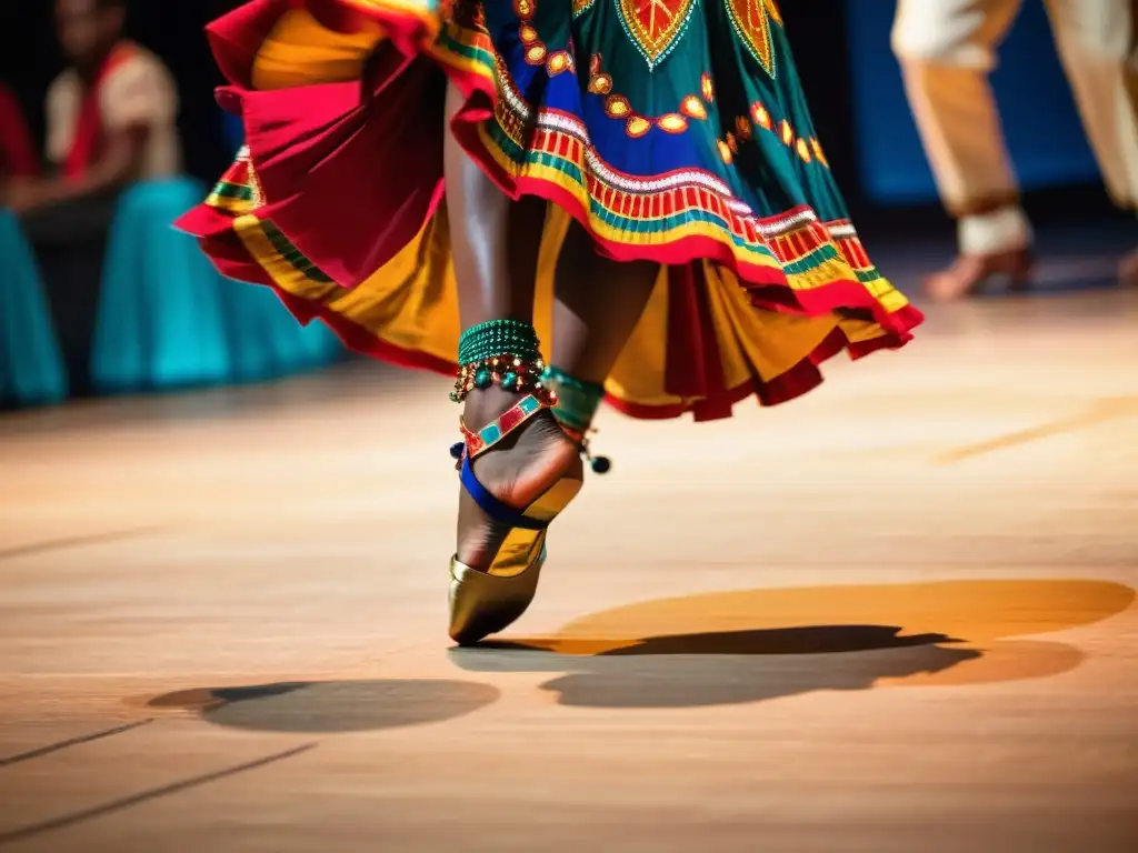 Documental sobre danzas culturales: Pies de bailarín con cascabeles, movimientos vibrantes y traje colorido en escenario tenue