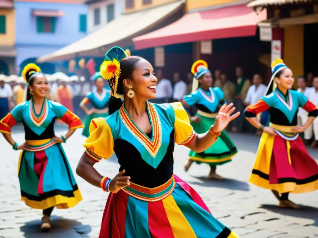 Documentales de danza como herramientas educativas: Tradicional danza en bullicioso mercado, colores vibrantes y expresiones de asombro y alegría