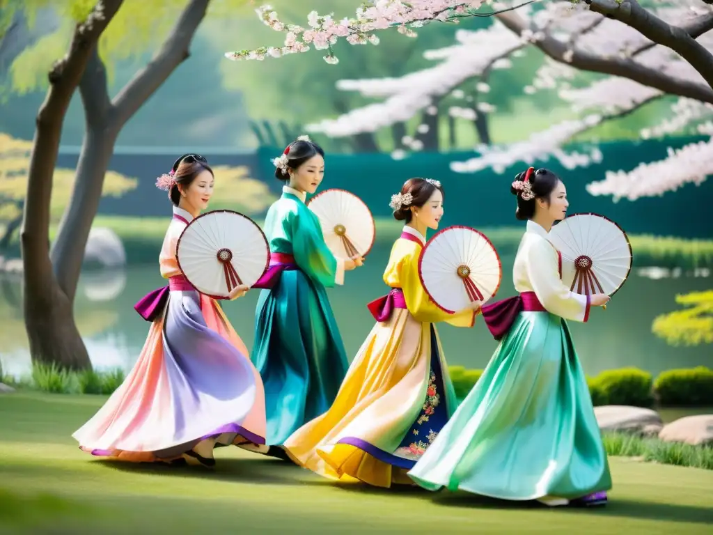 Documentales de danza tradicional: Bailarinas en hanbok ejecutan danza de abanicos en jardín de cerezos en flor