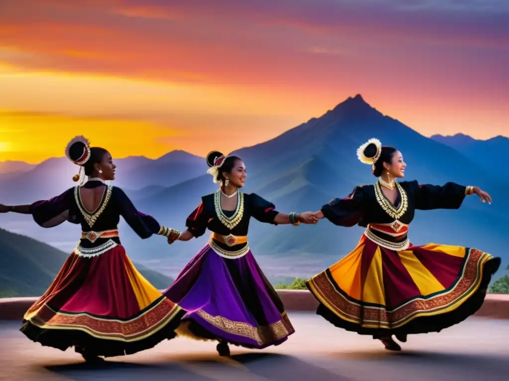 Documentales danza música tradicional: Bailarines en trajes vibrantes realizan una rutina sincronizada al atardecer, con montañas de fondo