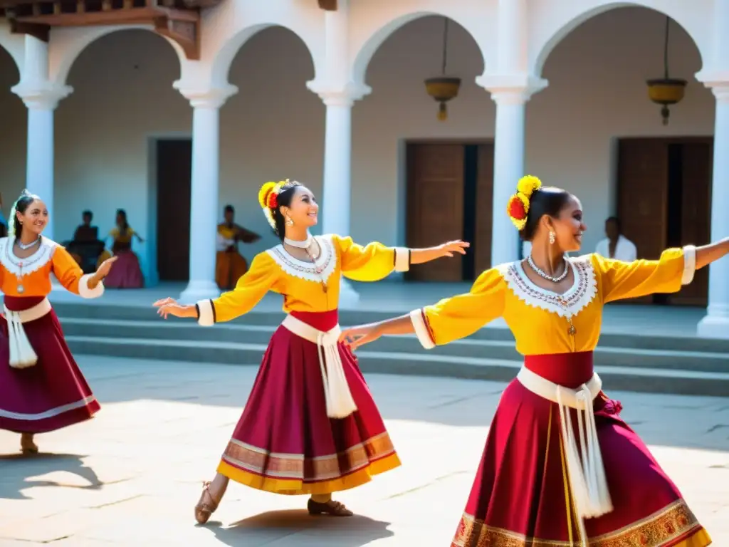 Documentales danza música tradicional: Bailarines y músicos tradicionales en un patio, con trajes vibrantes y movimientos llenos de energía y pasión