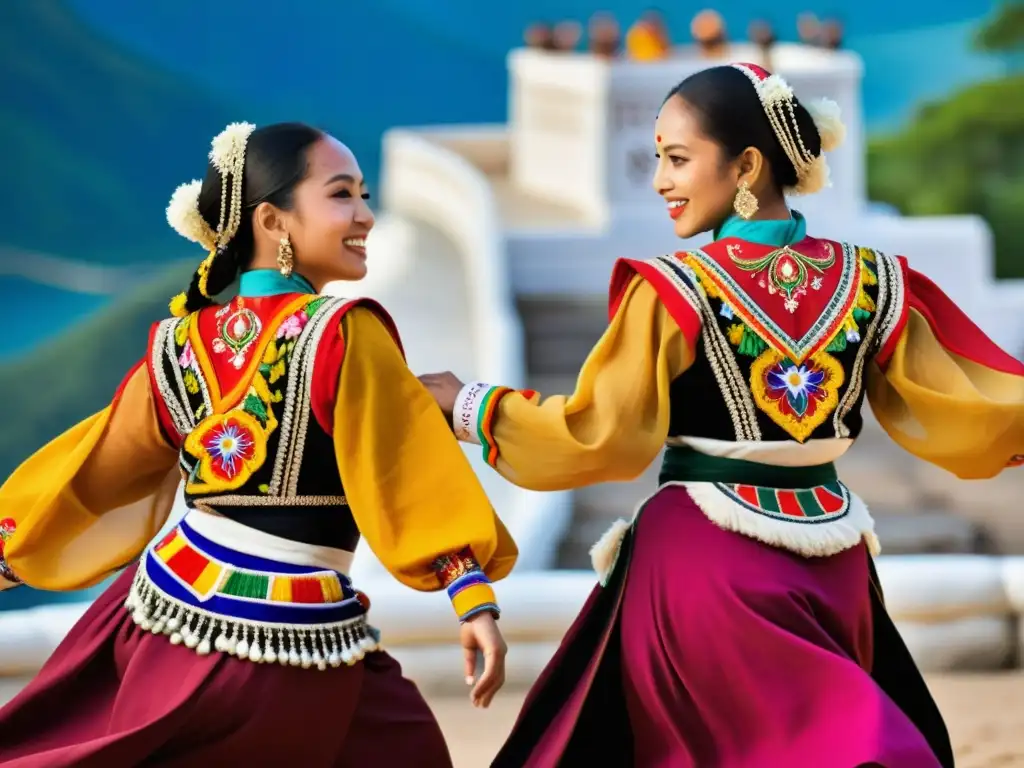 Documentales de danza tradicional: Bailarines en trajes vibrantes y detallados, moviéndose con gracia en un lugar culturalmente significativo