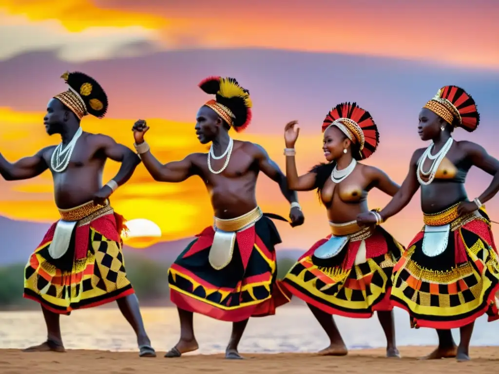 Documentales de danza tradicional: Bailarines africanos con trajes coloridos y patrones realizan una danza en un atardecer vibrante