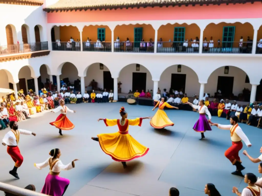 Documentales danza música tradicional: Baile tradicional en plaza vibrante con trajes coloridos y música en vivo