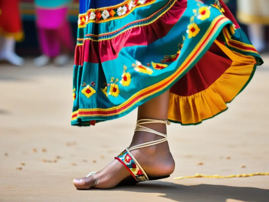 Documentales de danza tradicional: Detalle de pies de bailarín en movimiento, con cascabeles y trajes coloridos