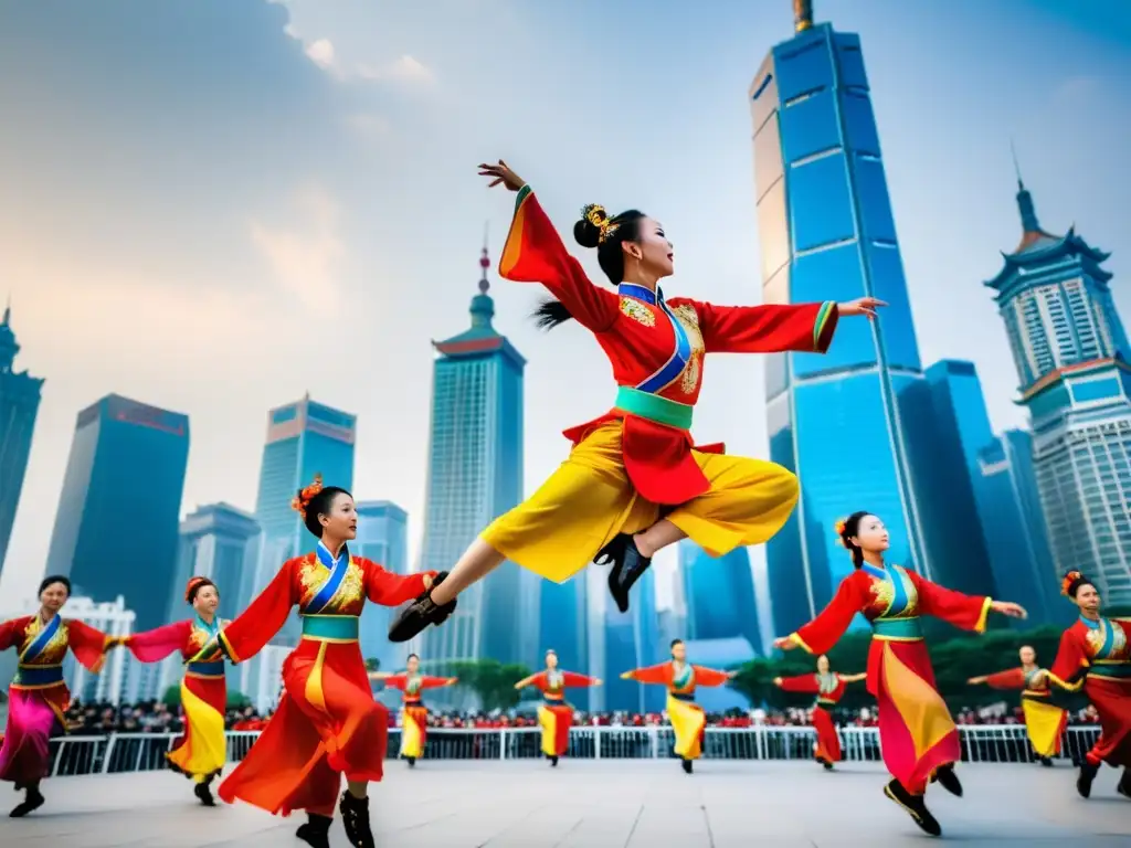 Documentales de danza tradicional en Netflix: Grupo de bailarines chinos en vibrantes trajes, ejecutando una dinámica rutina en una plaza urbana