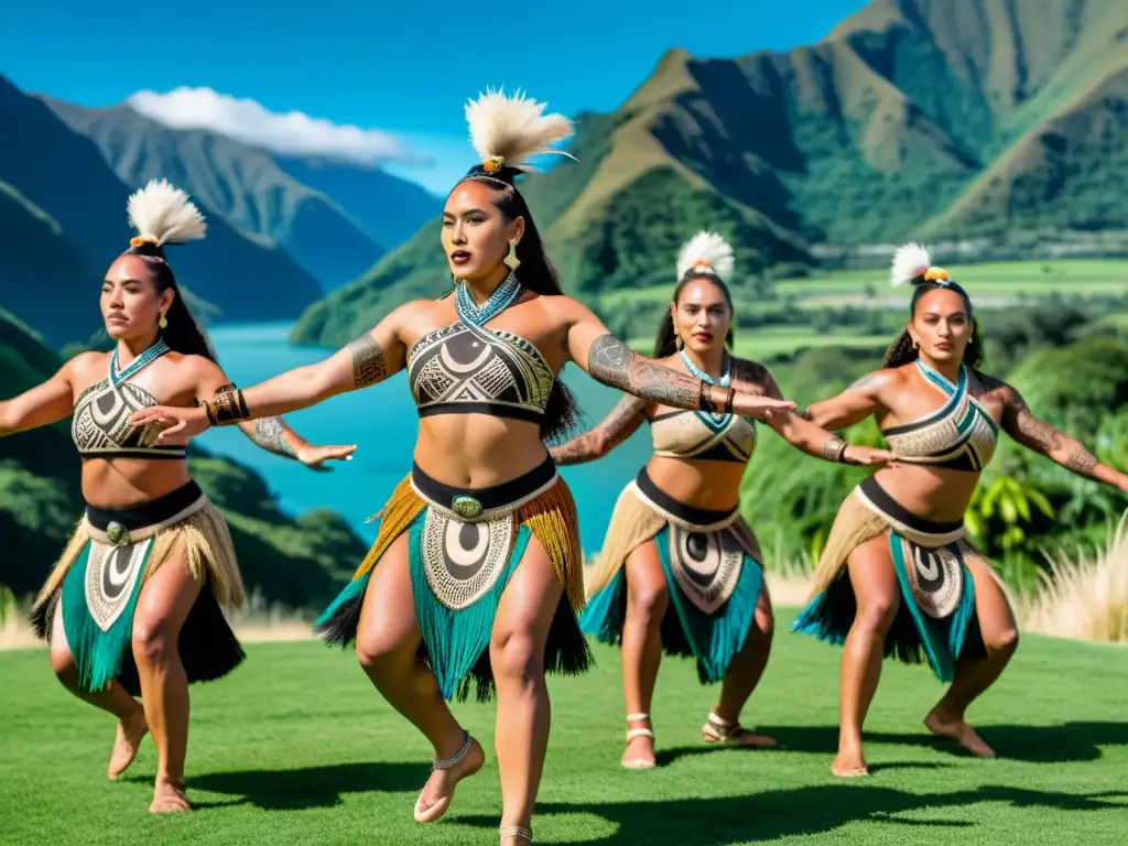 Documentales de danza tradicional mundial: Grupo Maorí ejecutando danza poderosa y sincronizada en un escenario natural impresionante