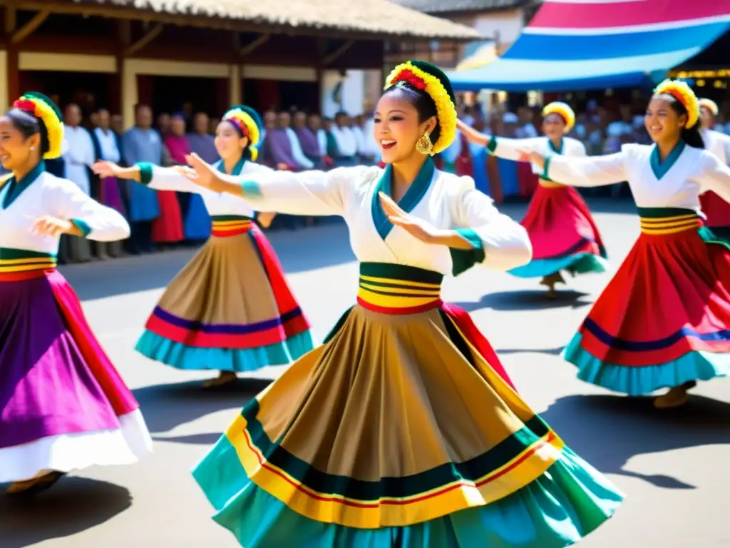 Danza tradicional en mercado vibrante Documentales sobre danza tradicional mundial: Grupo de baile en mercado bullicioso, danzas coloridas y expresiones intensas