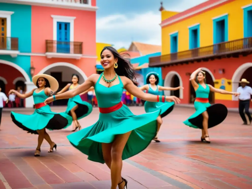 Documentales de streaming danza latina: Grupo de bailarines apasionados vistiendo trajes tradicionales, ejecutando baile energético en plaza colorida