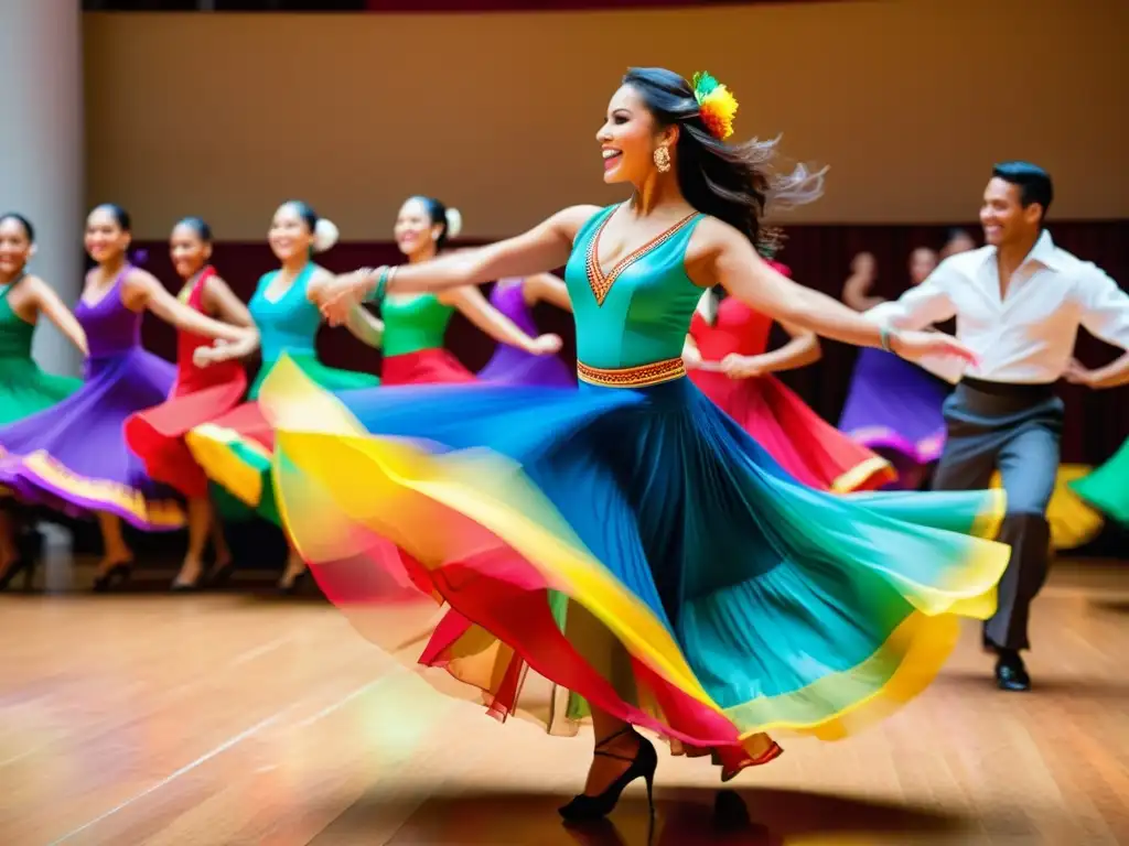 Documentales de streaming danza latina: Una explosión de color y energía capturando una apasionada actuación de baile latino, con movimientos dinámicos y trajes vibrantes, inmersos en la alegría y la pasión de la danza