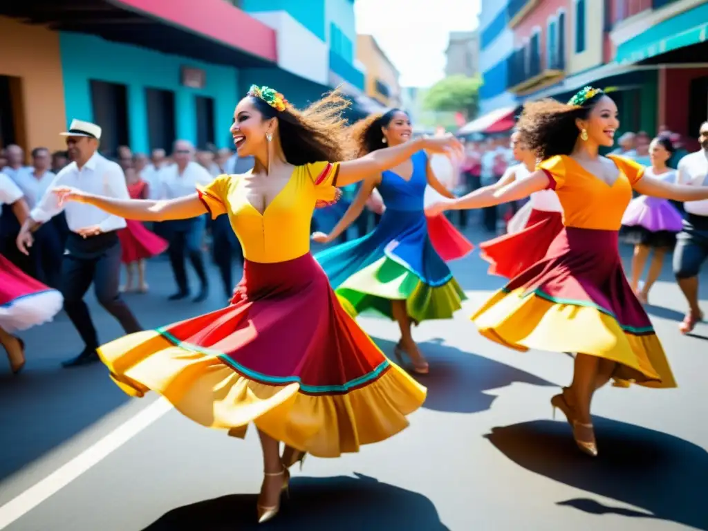 Documentales de streaming danza latina: Grupo de bailarines latinos en vibrante actuación callejera, con movimientos expresivos y trajes coloridos