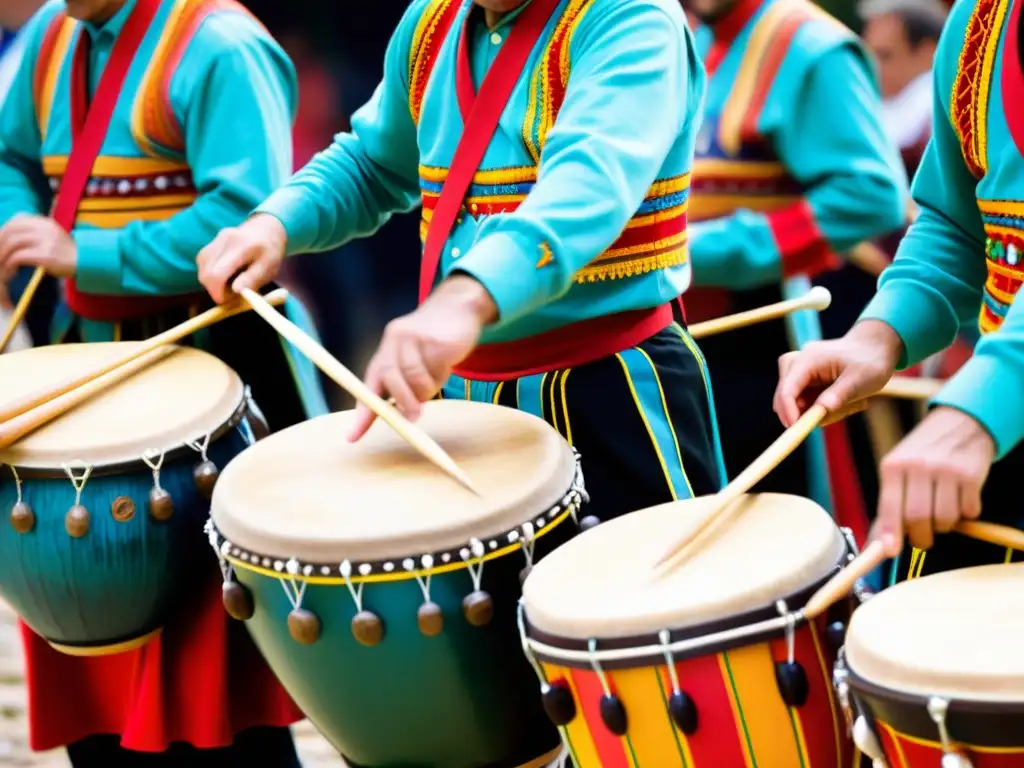 Drummers asturianos con trajes tradicionales, tocando redobles con intensa pasión