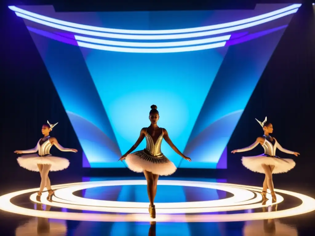 Música y efectos para danzas ritualísticas: Grupo de bailarines con trajes elaborados en un escenario futurista lleno de energía mística