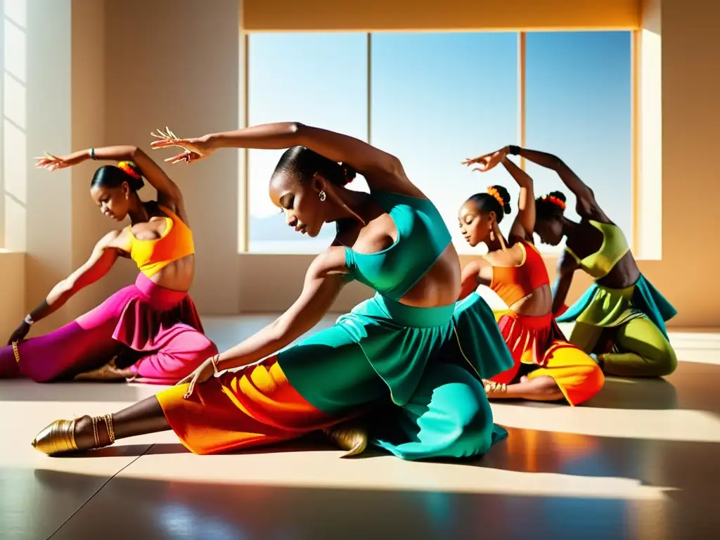 Ejercicios para bailarines de danzas tradicionales: Grupo de bailarines tradicionales ejecutando movimientos elegantes y flexibles en un estudio iluminado por el sol