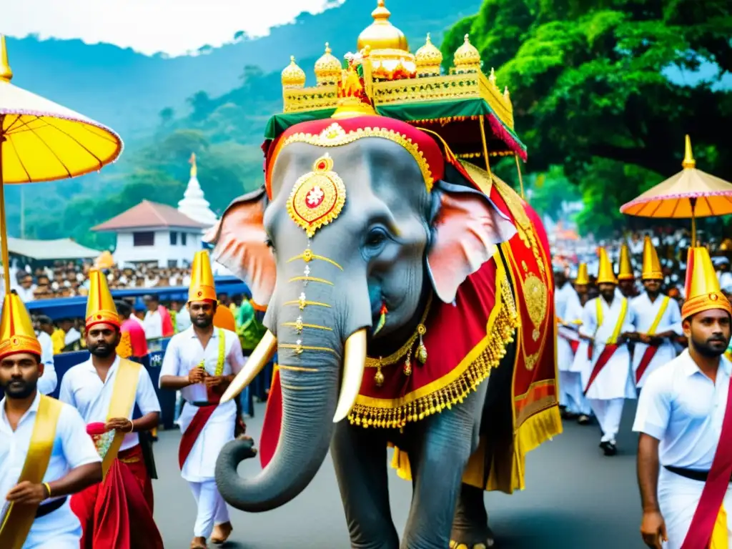 Elefante adornado en el Festival de Danza de Kandy significado cultural, rodeado de coloridos artistas y espectadores entusiastas