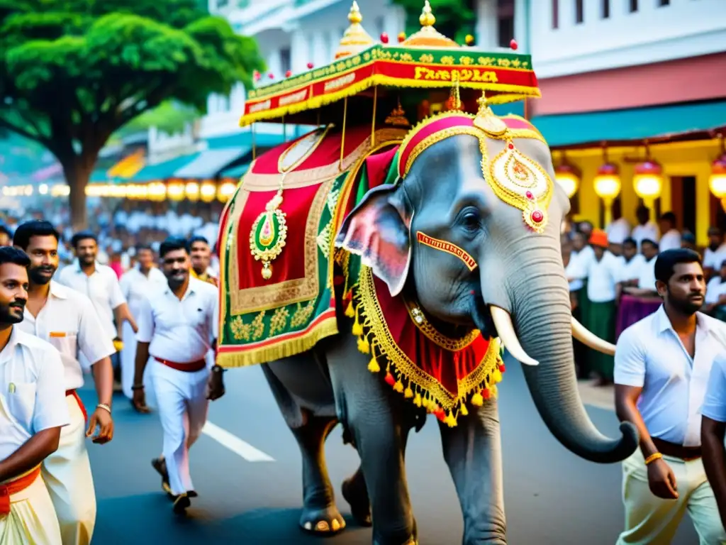 Elefante decorado en el desfile de la Perahera de Kandy, reflejando la historia y significado cultural de la festividad en Sri Lanka