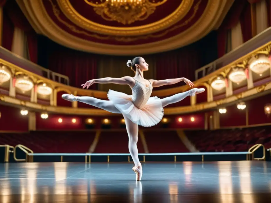 Elegante actuación de ballet en teatro majestuoso, evocando la evolución de la danza clásica